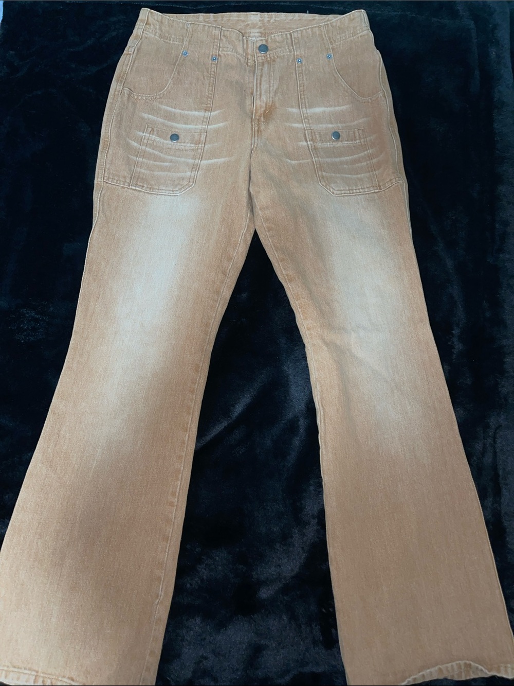 Wide-Leg Flare Jeans in Tan with Patch Pockets